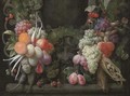 Grapes, gooseberries, blackberries, figs, oranges, plums, radishes, asparagus, maize, cherries and other fruits surrounding a stone cartouche - Joris Van Son