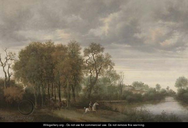 A wooded river landscape with a horseman and a horse and cart on a path - Joris van der Haagen or Hagen