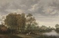 A wooded river landscape with a horseman and a horse and cart on a path - Joris van der Haagen or Hagen