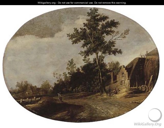 A wooded landscape with a sportsman on a path and figures conversing by a farm - Joost de Volder