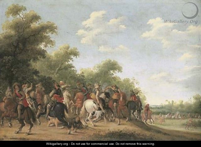 A wooded landscape with a cavalry skirmish - Joost Cornelisz. Drooghsloot