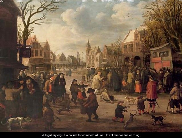 A village meeting with figures gathered in the street - Joost Corenlisz. Droogsloot