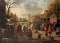 A village meeting with figures gathered in the street - Joost Corenlisz. Droogsloot