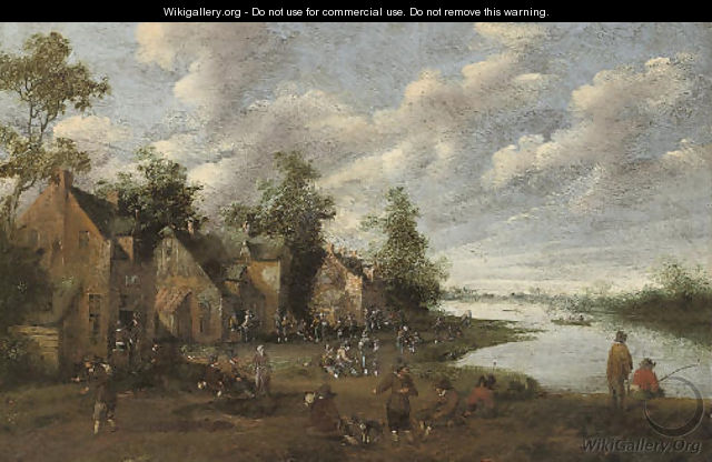 A riverside village with fishermen and figures conversing - Joost Cornelisz. Droochsloot