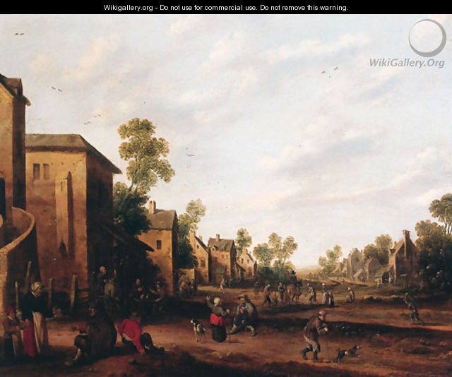 A village street with boors smoking and drinking outside an inn, beggars and travellers beyond - Joost Cornelisz. Droochsloot