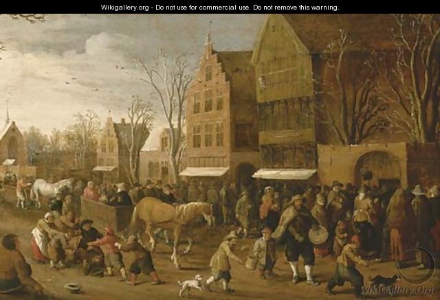 A town view with figures gathered in the street - Joost Cornelisz. Droochsloot