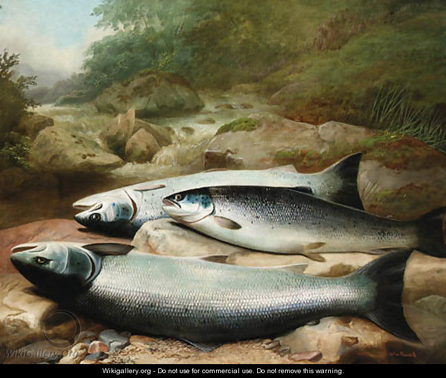 Three Salmon on a Rocky Riverbank - John Russell