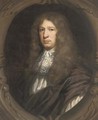 Portrait of Sir John Streynsham Master (1640-1723), bust-length, in brown robes, sculpted cartouche - John Riley