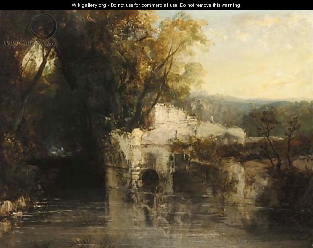 Figures on a ruined bridge in a wooded river landscape - John Rawson Walker