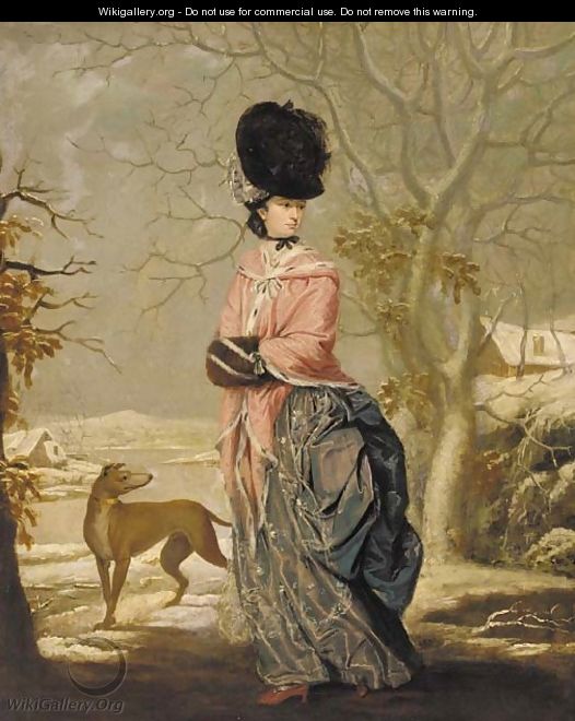 Winter, Portrait of a lady, full-length, in a blue dress with pink wrap and black hat, in a landscape with a dog - John Raphael Smith