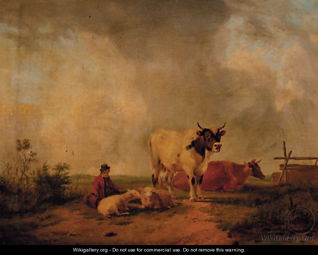 A drover resting with sheep and cattle in a meadow - John Simpson