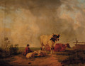 A drover resting with sheep and cattle in a meadow - John Simpson