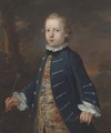 Portrait of a boy, three-quarter-length, traditionally identified as 'Master Best', in a blue coat and floral waistcoat, holding a bow and arrow - John Simmons