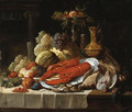 Still Life with lobster, oysters, fruit and fowl on a draped table. - John Seymour Lucas