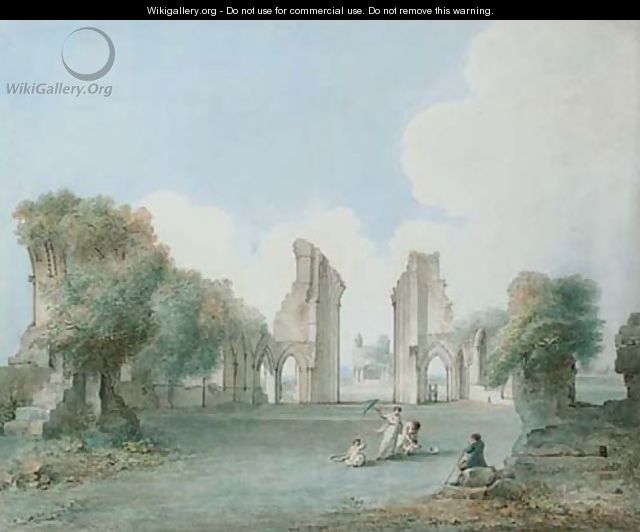 Lady with a parasol and children enjoying an afternoon in the ruins of Glastonbury Abbey - Jan Sanders