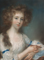 Portrait of a lady, half-length, in a white dress with blue ribbons, holding a brush in her right hand, her left arm resting on a sheet of paper - John Russell