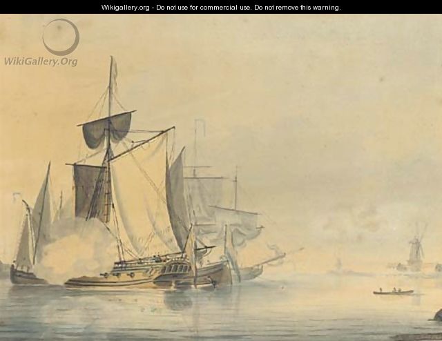 An Admiralty yacht firing a salute to signal her departure - John Thomas Serres