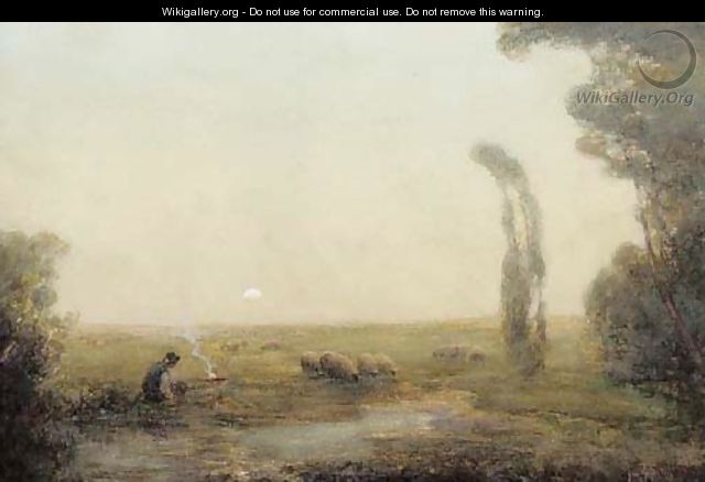 A shepherd beside a camp fire watching his flock by moonlight - John Terris