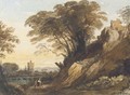 A landscape with a river and a castle on a cliff - John Varley