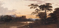 A figure in a wooded landscape with a castle beyond - John Varley