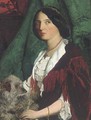 Portrait of a lady, half-length, in a red velvet dress with lace trim and white collar, holding a dog, a green curtain beyond - John Lawson