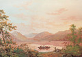 View on Lake Windermere with a ferry transporting figures and cattle, Cumbria - John Laporte