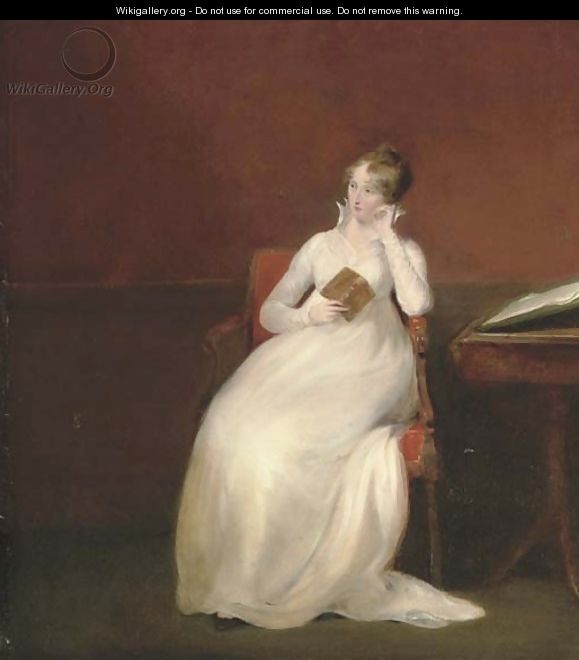 Portrait of Marianne Langham (1772-1809), small full-length, seated in a white dress holding an open book in her right hand - John James Masquerier