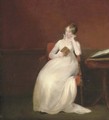 Portrait of Marianne Langham (1772-1809), small full-length, seated in a white dress holding an open book in her right hand - John James Masquerier