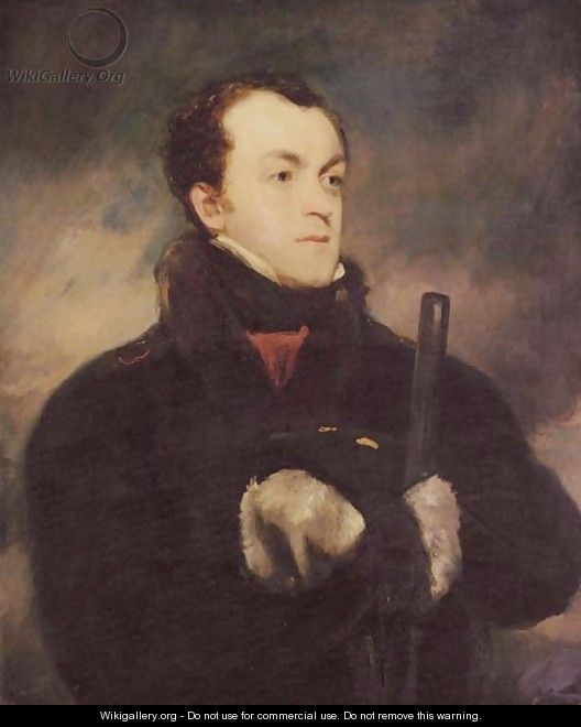 Portrait of Captain Lyon, RN (1795-1832), half length, in a fur-trimmed coat, holding a gun - John Jackson