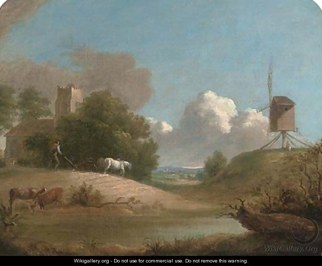 A plough team and a windmill in an extensive landscape - John Inigo Richards