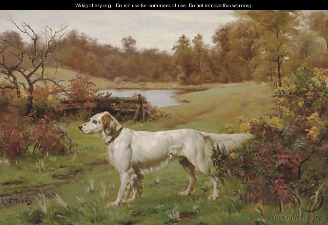 A Marbled Beauty - An English Setter in a landscape, a lake beyond - John Martin Tracy