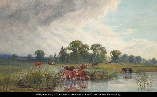 Cattle watering beside a River with a view of a Church Spire beyond - John MacPherson