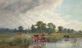 Cattle watering beside a River with a view of a Church Spire beyond - John MacPherson