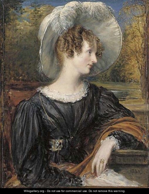 Portrait of Mrs Henry Stephen, half-length, seated, in a black dress and feathered white hat, in a landscape - John Linnell