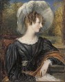Portrait of Mrs Henry Stephen, half-length, seated, in a black dress and feathered white hat, in a landscape - John Linnell