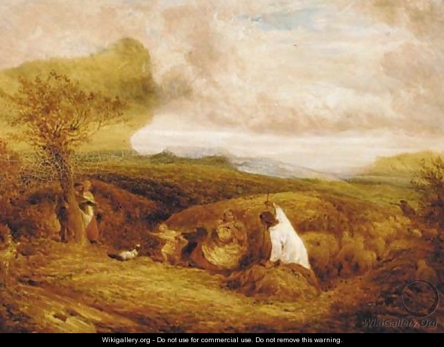 A shepherd with his flock and harvesters in a Surrey landscape - John Linnell