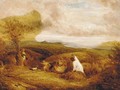 A shepherd with his flock and harvesters in a Surrey landscape - John Linnell