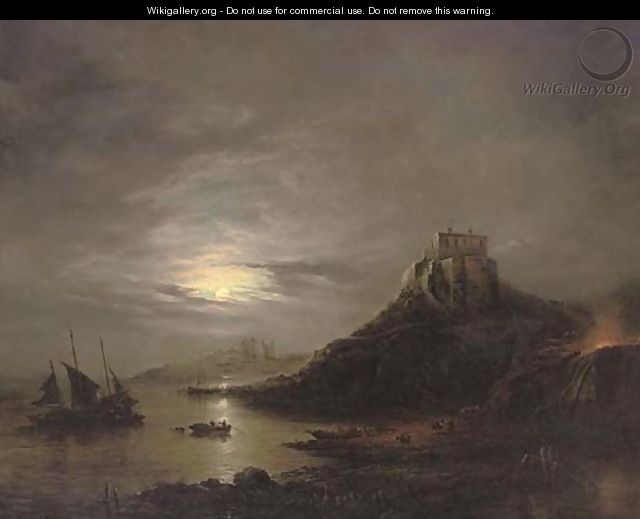 Lindisfarne Castle and Abbey, Holy Island, by moonlight - John Moore of Ipswich
