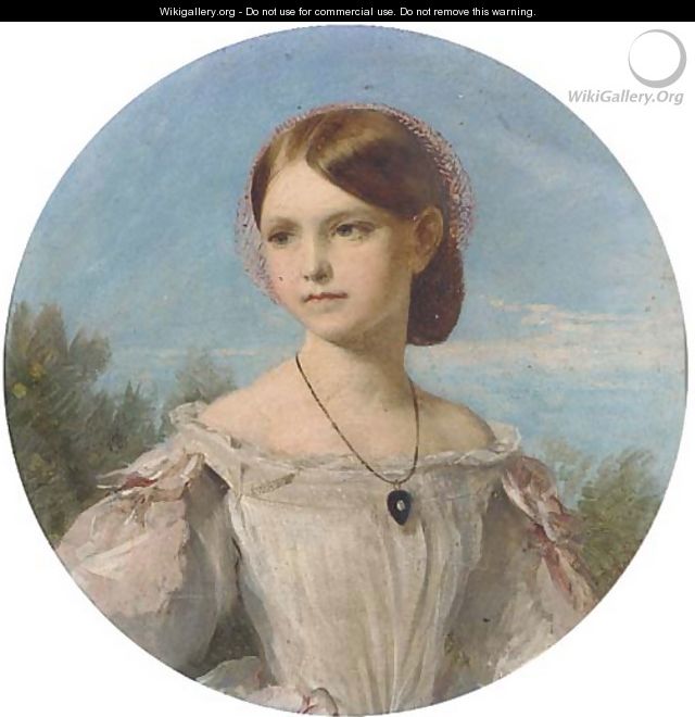 Portrait of Miss Florence Penison, small half-length, in a white dress with pink ribbon sleeves and diamond pendant, painted circle - John Phillip