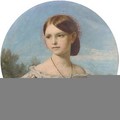 Portrait of Miss Florence Penison, small half-length, in a white dress with pink ribbon sleeves and diamond pendant, painted circle - John Phillip