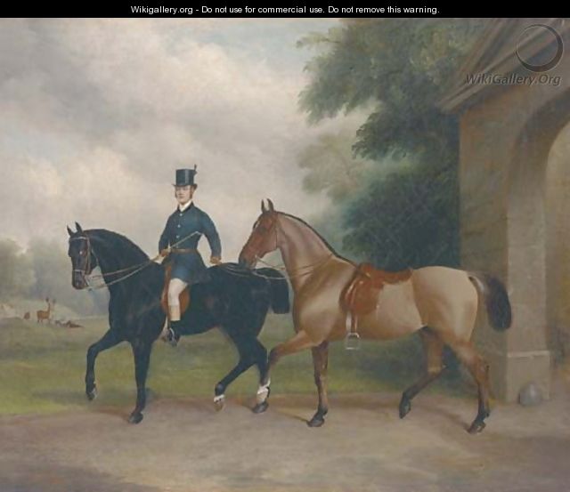 A groom leading two cobs out of a stable - John Paul
