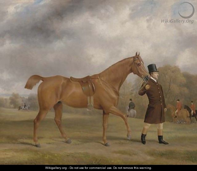A bay hunter and groom, with a hunt beyond, in an extensive landscape - John Paul