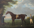 Diamond, held by a Groom, with his jockey Dennis Fitzpatrick, in a landscape - John Nost Sartorius