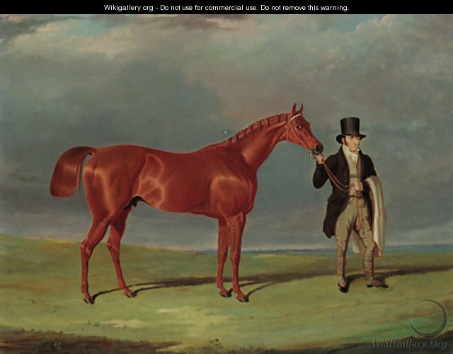 Bedlamite, a chestnut racehorse held by his trainer, in an extensive landscape - John Frederick Herring Snr