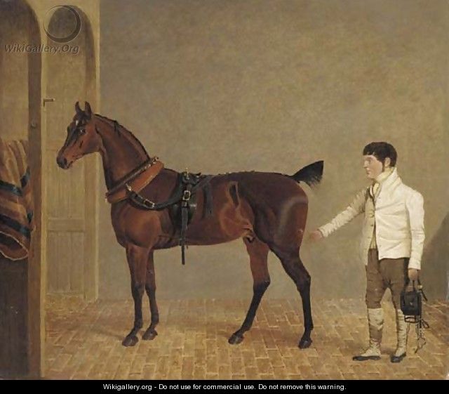 A carriage horse and groom in a stable - John Frederick Herring Snr