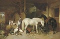 A barn interior with figures and livestock - John Frederick Herring Snr