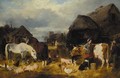 A farmyard scene with milkmaid and a farm labourer - John Frederick Herring Snr