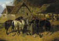 Horses feeding in a farmyard, with chickens, and cattle beyond - John Frederick Herring, Jnr.
