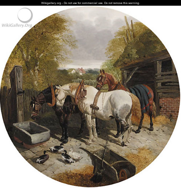 Horses at a trough, with ducks, on in a foreground - John Frederick Herring, Jnr.