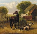 A horse, pigs, ducks and cattle in a farmyard - John Frederick Herring, Jnr.